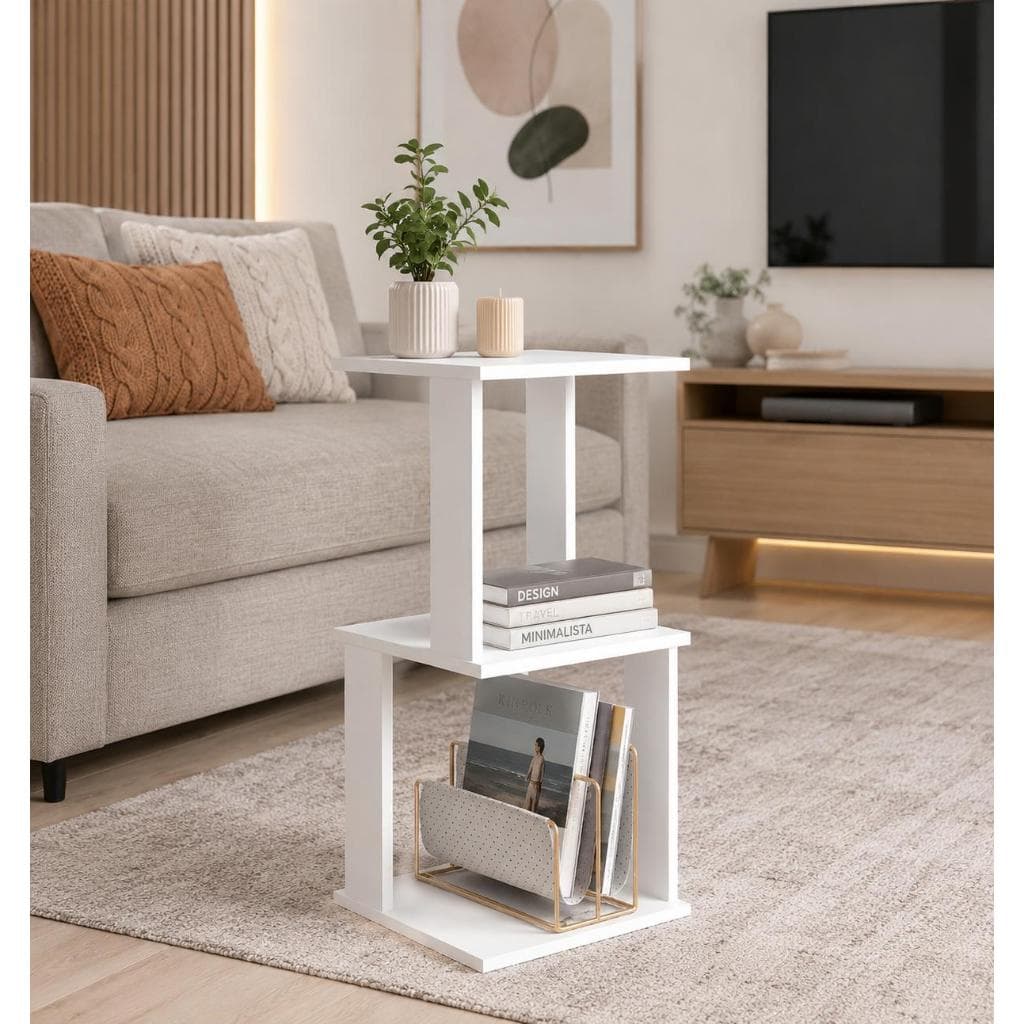 Mesa Lateral Moderna Nichos Branco MDF Para Sala e Quarto - Mesinha Apoio Aparador