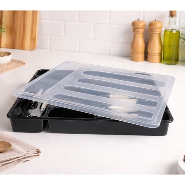 Porta Talher Com Tampa 6 Divisórias Plastico Preto Organizador Gaveta Pia Cozinha