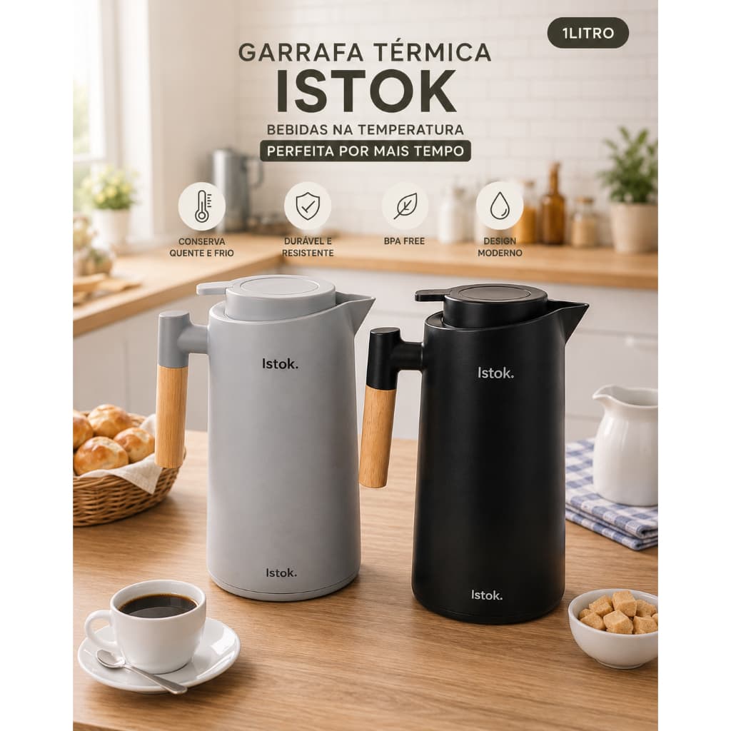 Garrafa Térmica 1L Amsterdã Cabo Madeira Café Chá Quente Frio 12h Bule Térmico Elegante