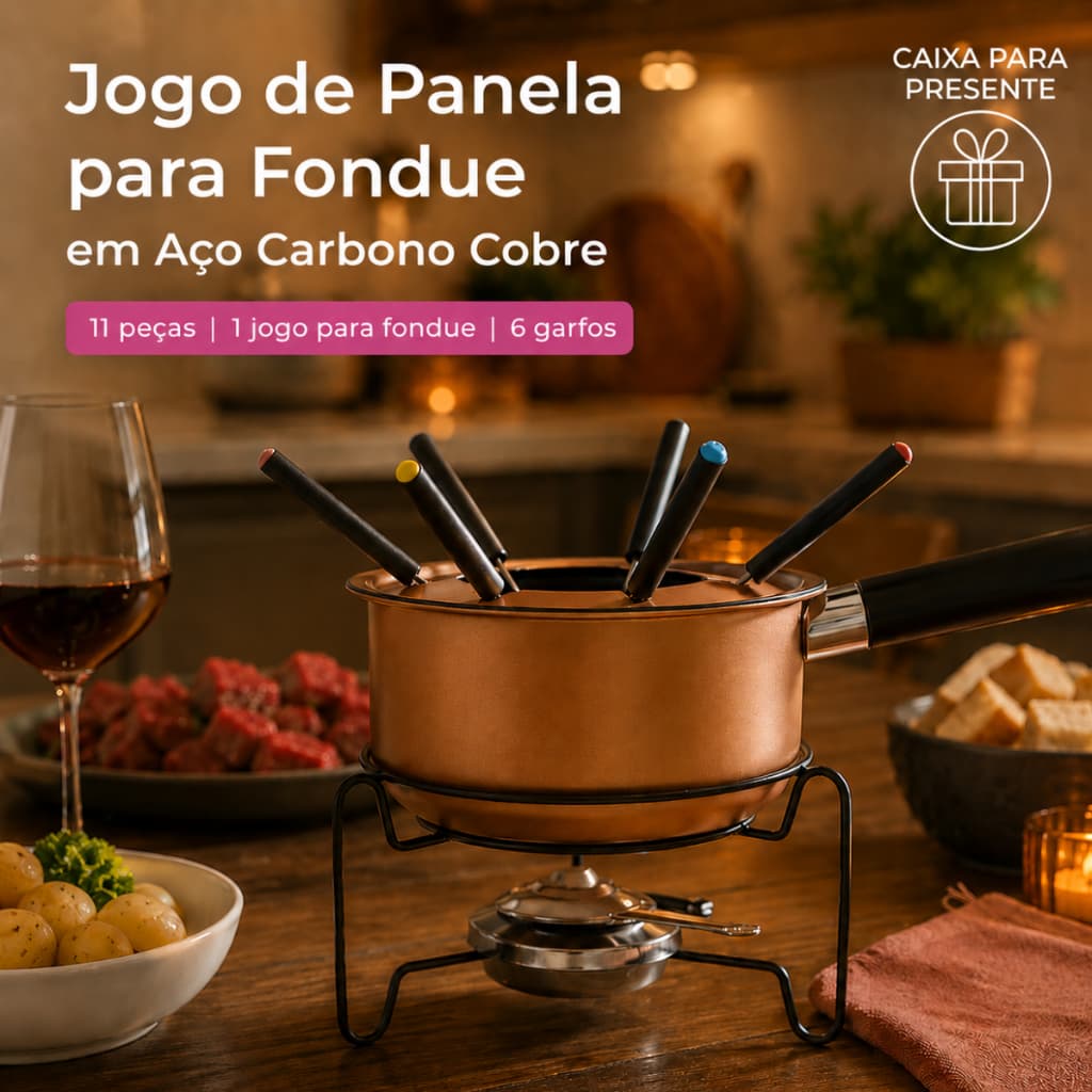 Aparelho de Fondue Em Cobre 11 Peças Completo Com Rechaud Queimador e 6 Garfos Chocolate Queijo Carne