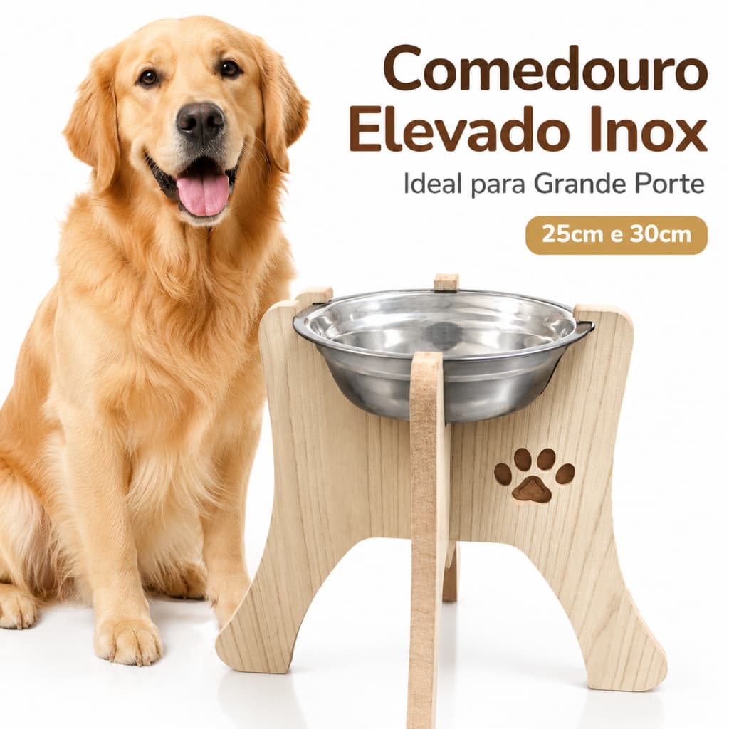 Comedouro Elevado Inox Para Cães Grande Porte MDF 25cm 30cm