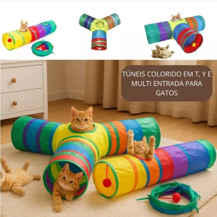 Túnel Colorido Gato Interativo Cachorro Labirinto Dobrável Pet Playground Toca Brinquedos Reto Y T