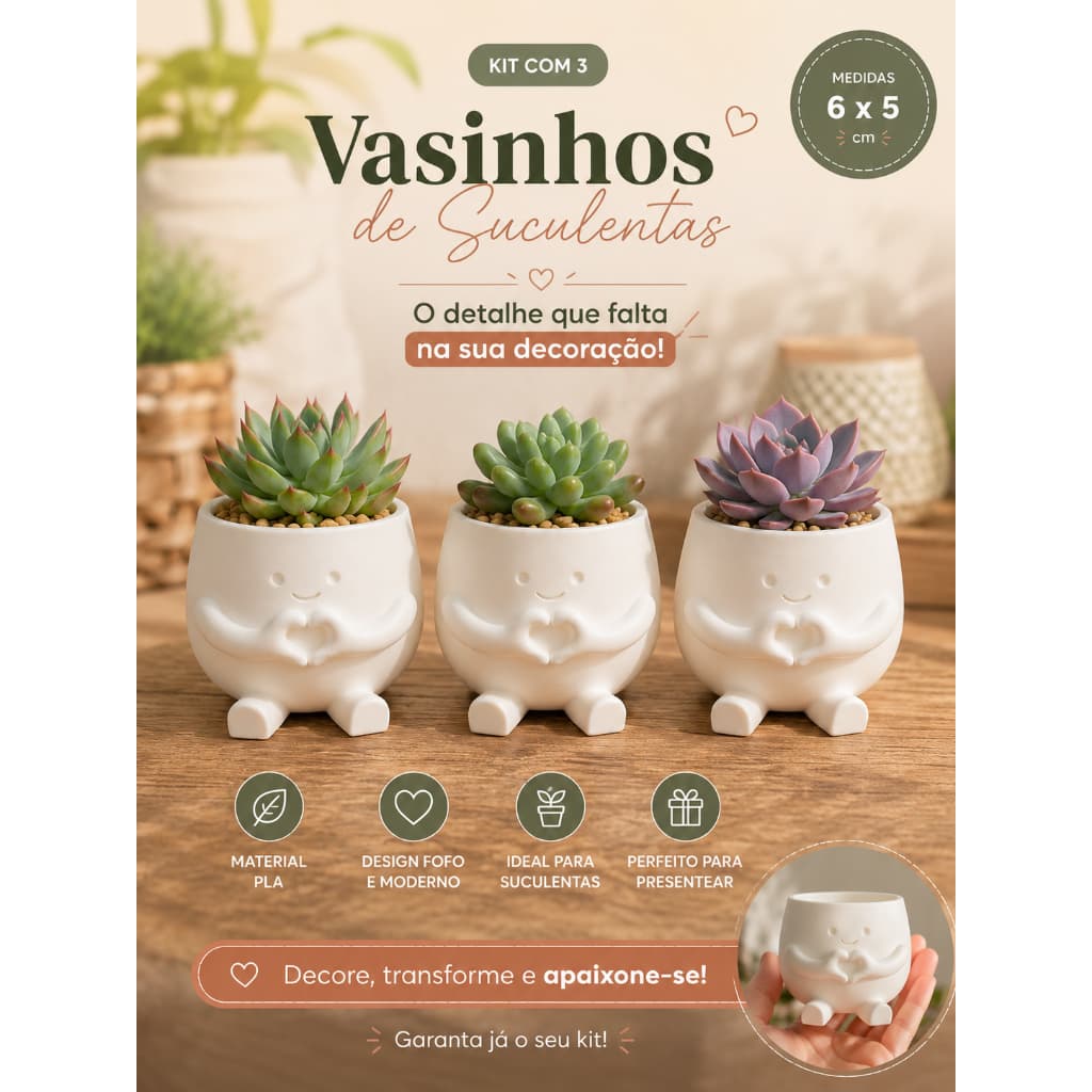 🌿 Kit com 3 Vasinhos para Suculentas – Design Fofo e Moderno 🌿
