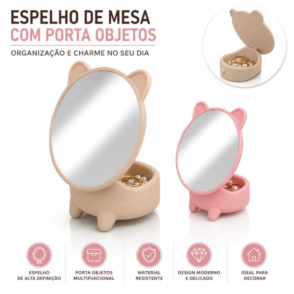 Espelho de Mesa Redondo Gatinho Porta Objetos Joias Plástico Vidro 18cm Rosa Bege Bons Cheff
