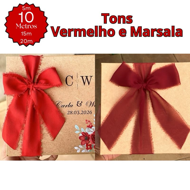 Fita Chiffon Vermelho/Marsala Artesanal Rústica Desfiada para casamentos, caixas padrinhos, festas