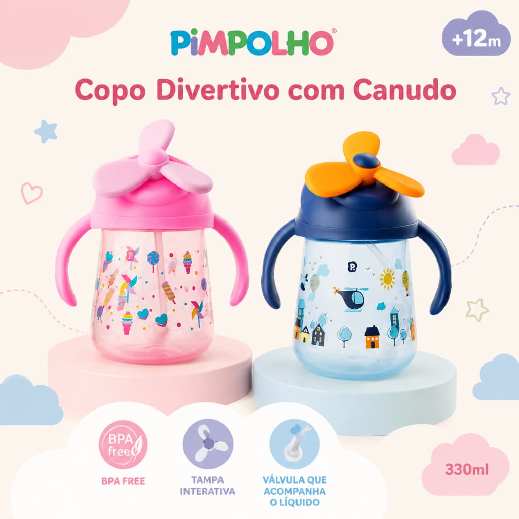 Copo Infantil Pimpolho com Hélice 330 ml – Hidratação Segura e Divertida