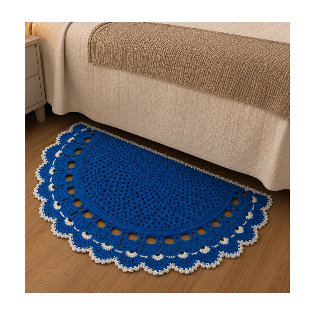 Tapete Meia Lua Tapete de Croche Feito a Mão Cor Azul Tamanho 110x60cm