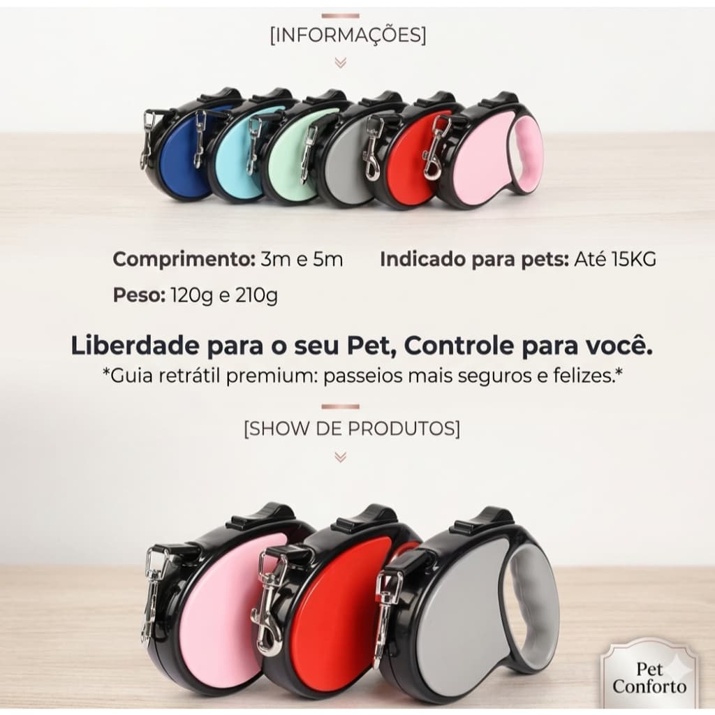Guia Retrátil Passeio Coleira Cachorro gato corda ajustável  3 e 5 Metros