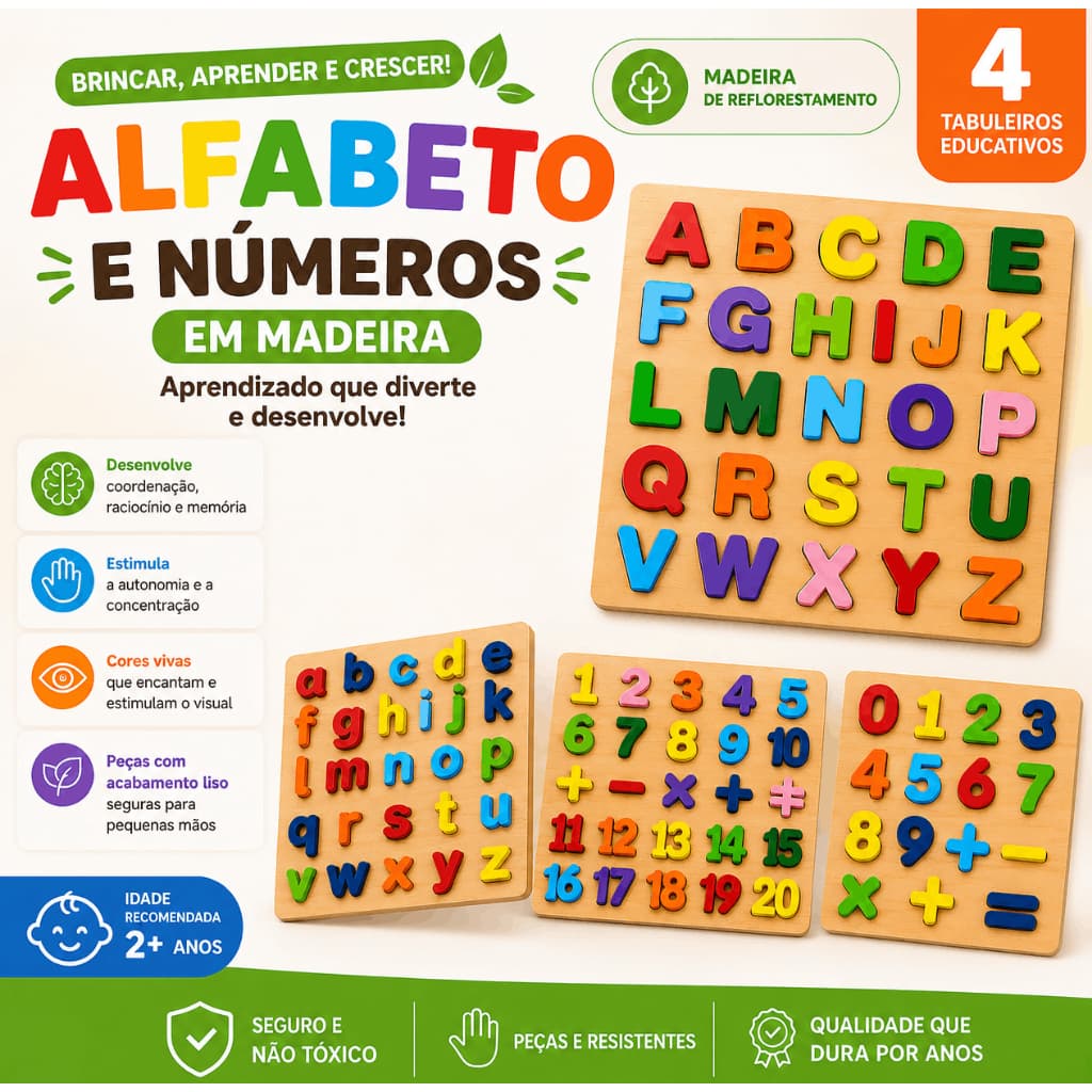 Kit 4 Tabuleiros Educativo Pedagógico Alfabeto Letras Número