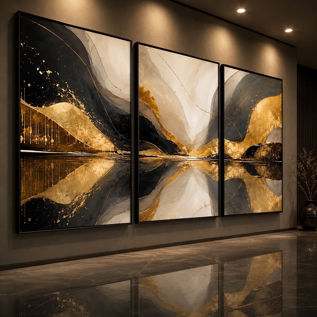 Kit Quadro Decorativo Abstrato Moderno 3 Peças Elegante Preto e Dourado Para Sala