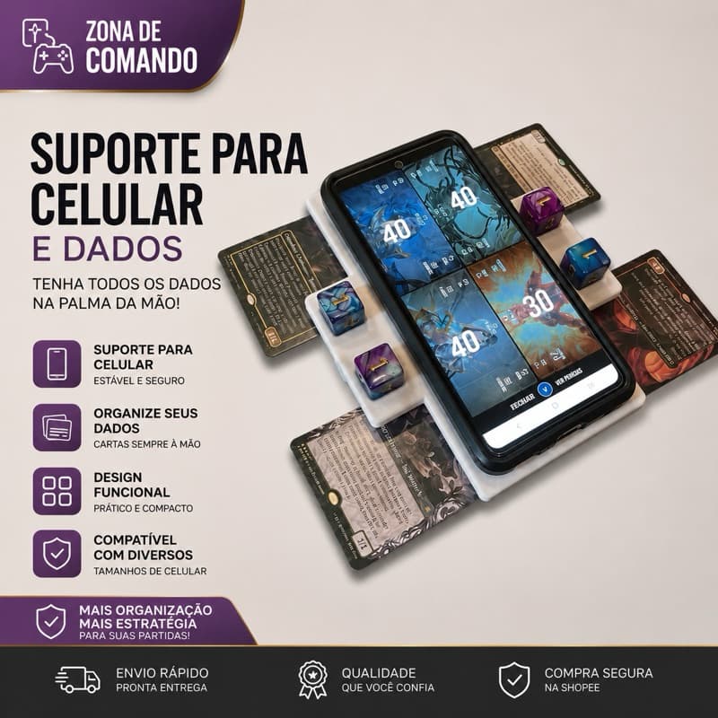 Zona de Comando MTG – Suporte para Celular e Dados – Organizador para Jogos Magic: The Gathering