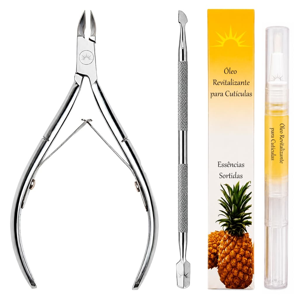 Kit Manutenção de Cutícula Empurrador de Cutículas + Alicate de Cutícula + Caneta Óleo Revitalizante