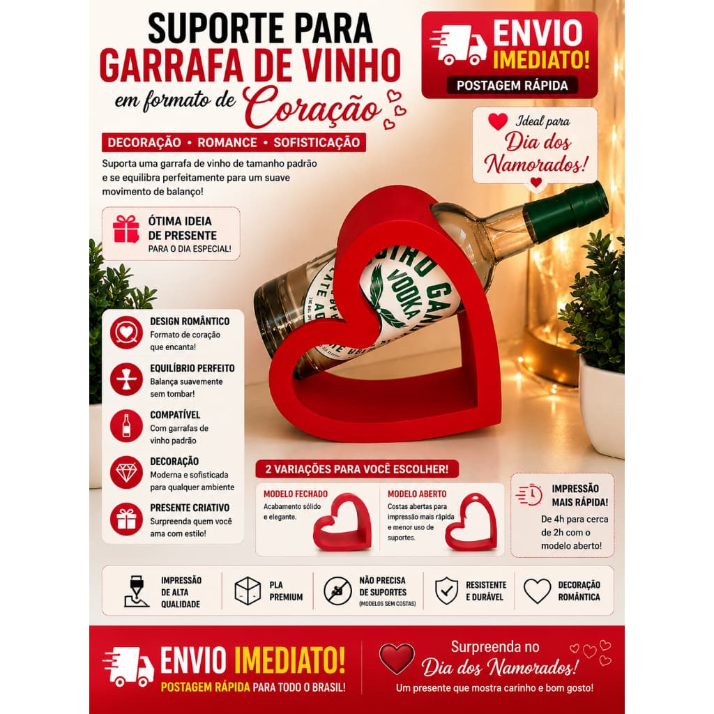 Suporte para Garrafa de Vinho em Formato de Coração