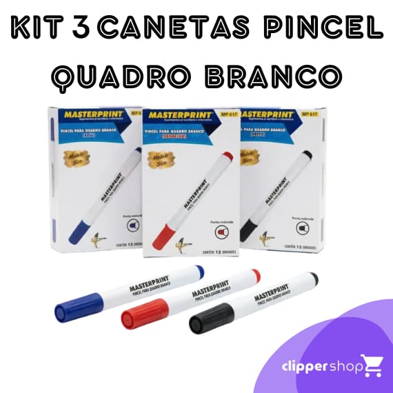 KIT 3 CANETAS PINCEL SLIN QUADRO BRANCO CANETÃO MASTERPRINT MP417