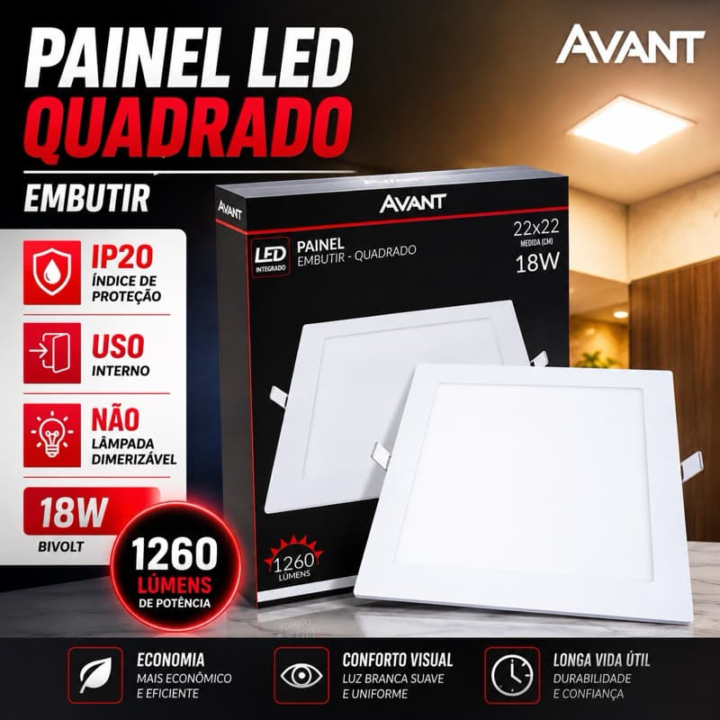 Painel Led Embutir Quadrado 18W Bivolt Luz Branca Forte Slim Para Gesso Teto Moderno