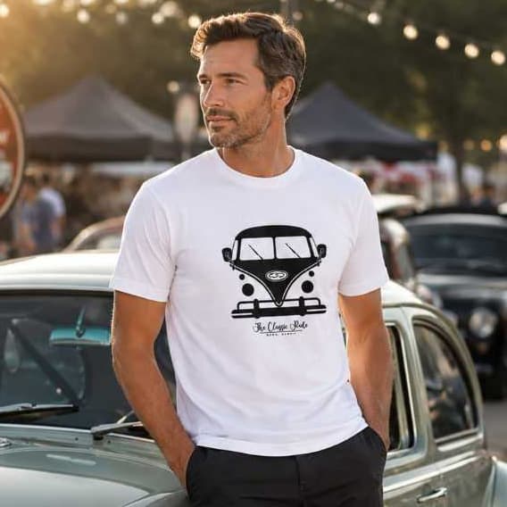 Camiseta Masculina Basica Branca Manga Curta 100% Algodão Estampa Kombi Emborrachada  Carro Antigo