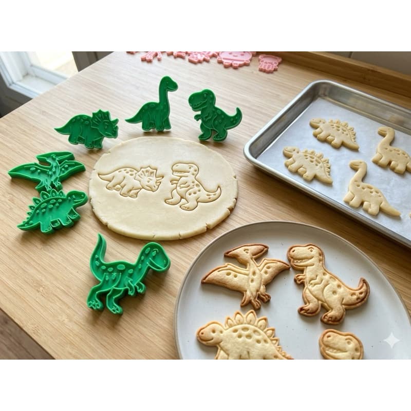 Kit Cortador e Carimbo Dinossauros 6 Modelos Biscoito Pasta Americana Festa Infantil Confeitaria Massinha Argila Biscuit