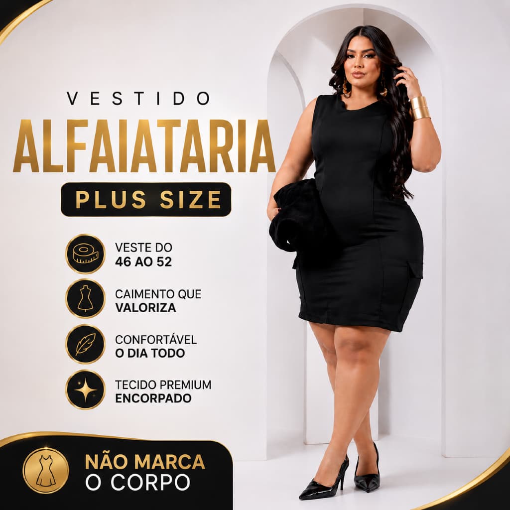 Vestido Plus Size Alfaiataria Bolso Cargo Feminino 46 ao 52