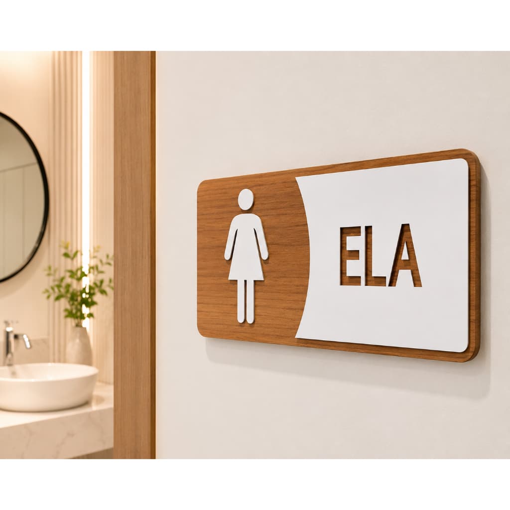 Placa de Sinalização Banheiro Ela MDF Alto Relevo 30x13cm Para Porta