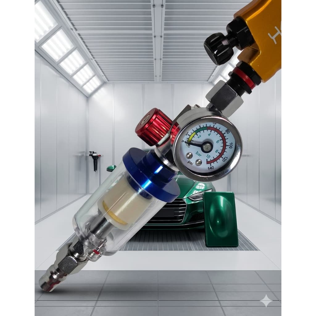 Kit Filtro Regulador de Ar 1/4 com Manômetro 180 PSI Separador de Umidade para Pintura Automotiva