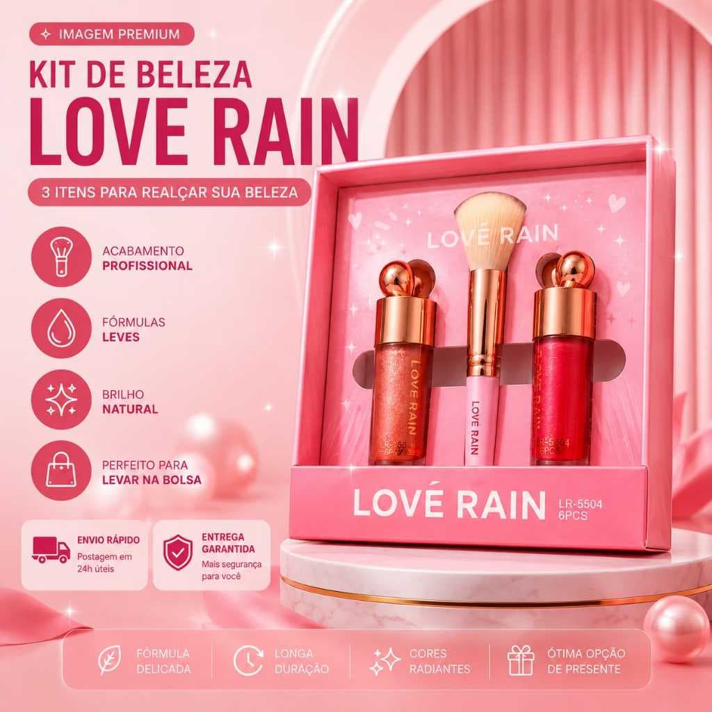Kit Love Rain Gloss + Pincel Rosa Brilho Labial Blush Feminino Compacto