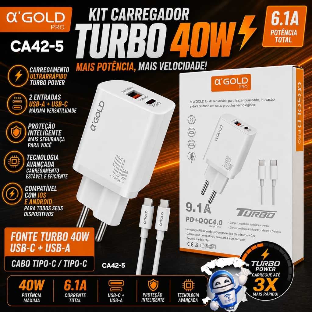 Kit Carregador Turbo 40W 9.1A 17 Pro 2 Entradas CA42-5 Fonte Tipo-C + USB-A + Cabo C/C