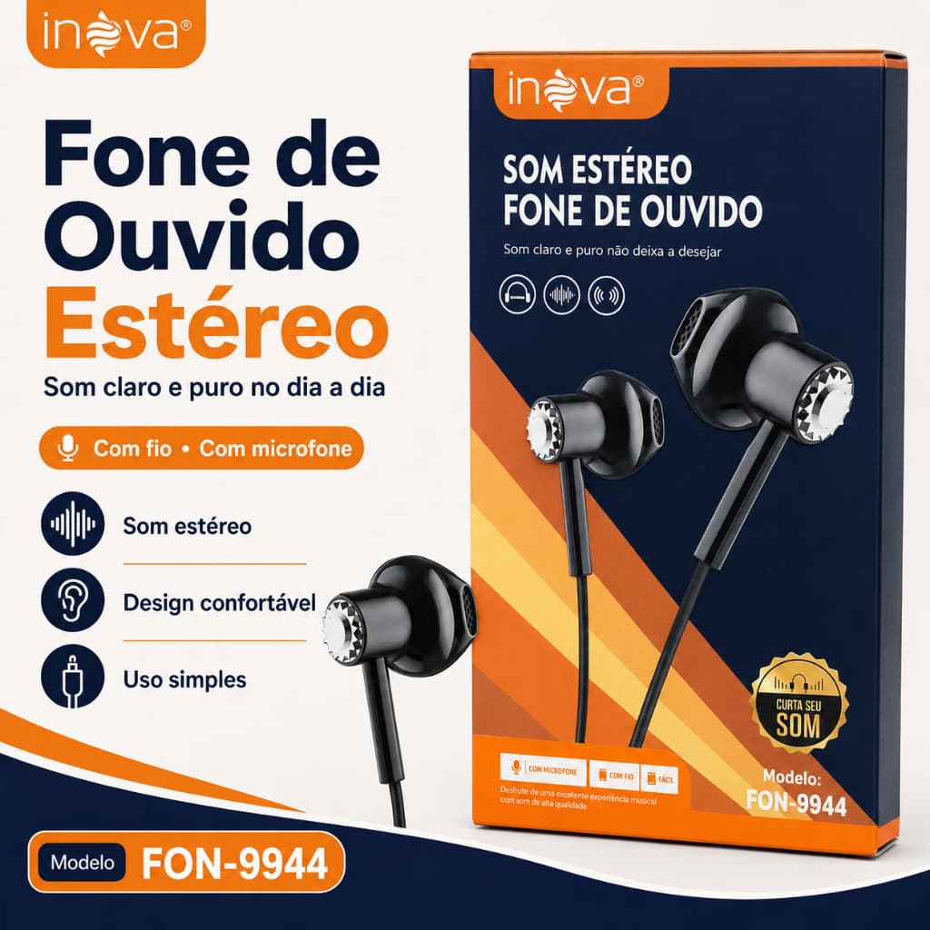 Fone de Ouvido Inova FON-9944 Com Fio Estéreo Intra Auricular Preto Para Celular Música