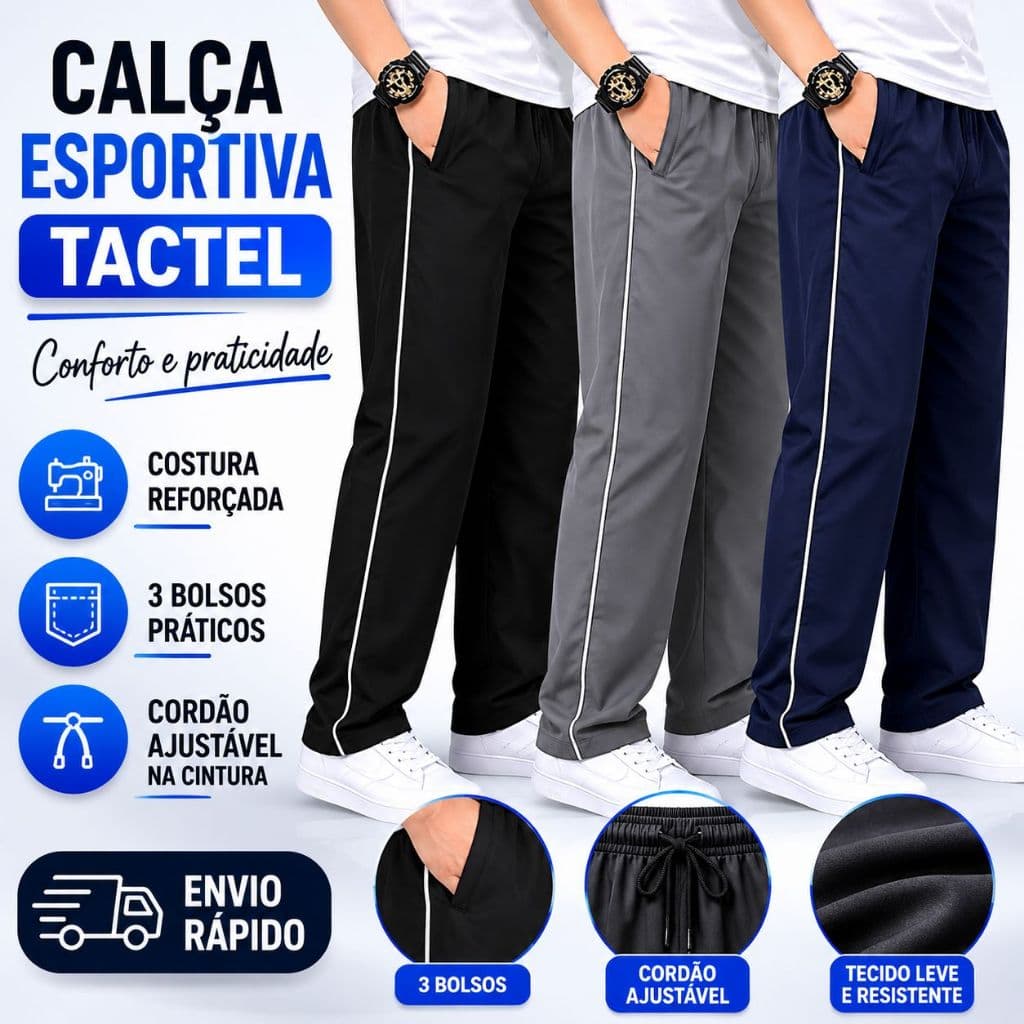 Calça Masculina Tactel com 3 Bolsos Cordão Ajustável Costura Reforçada