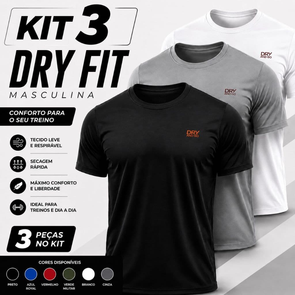 Kit 3 Camisetas Dry Fit Masculina Academia Treino Confortável Premium Secagem Rápida