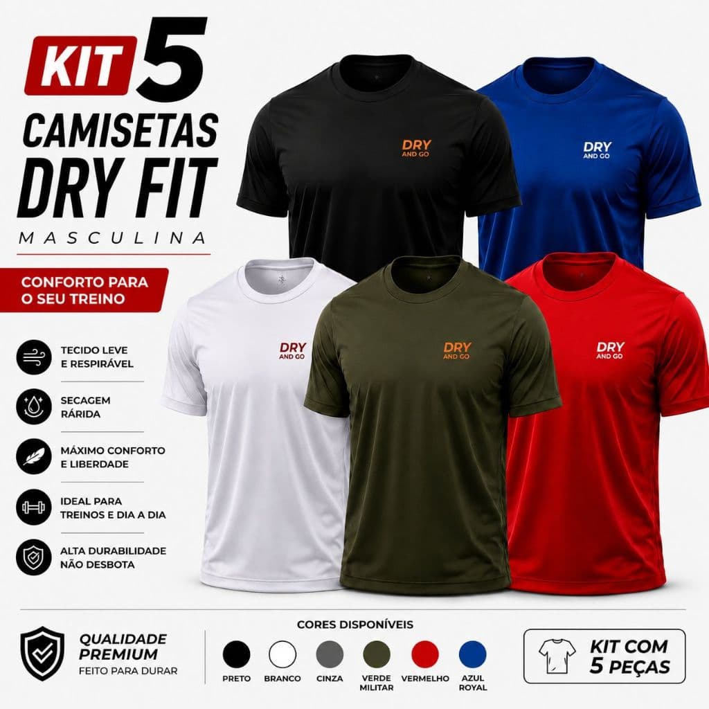 Kit 5 Camisetas Dry Fit Masculina Academia Treino Confortável Premium