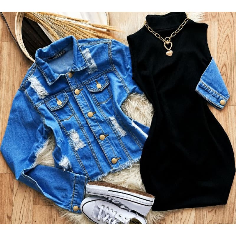 Vestido Gola Tubinho E Jaqueta Jeans Moda Feminina Look Blogueira