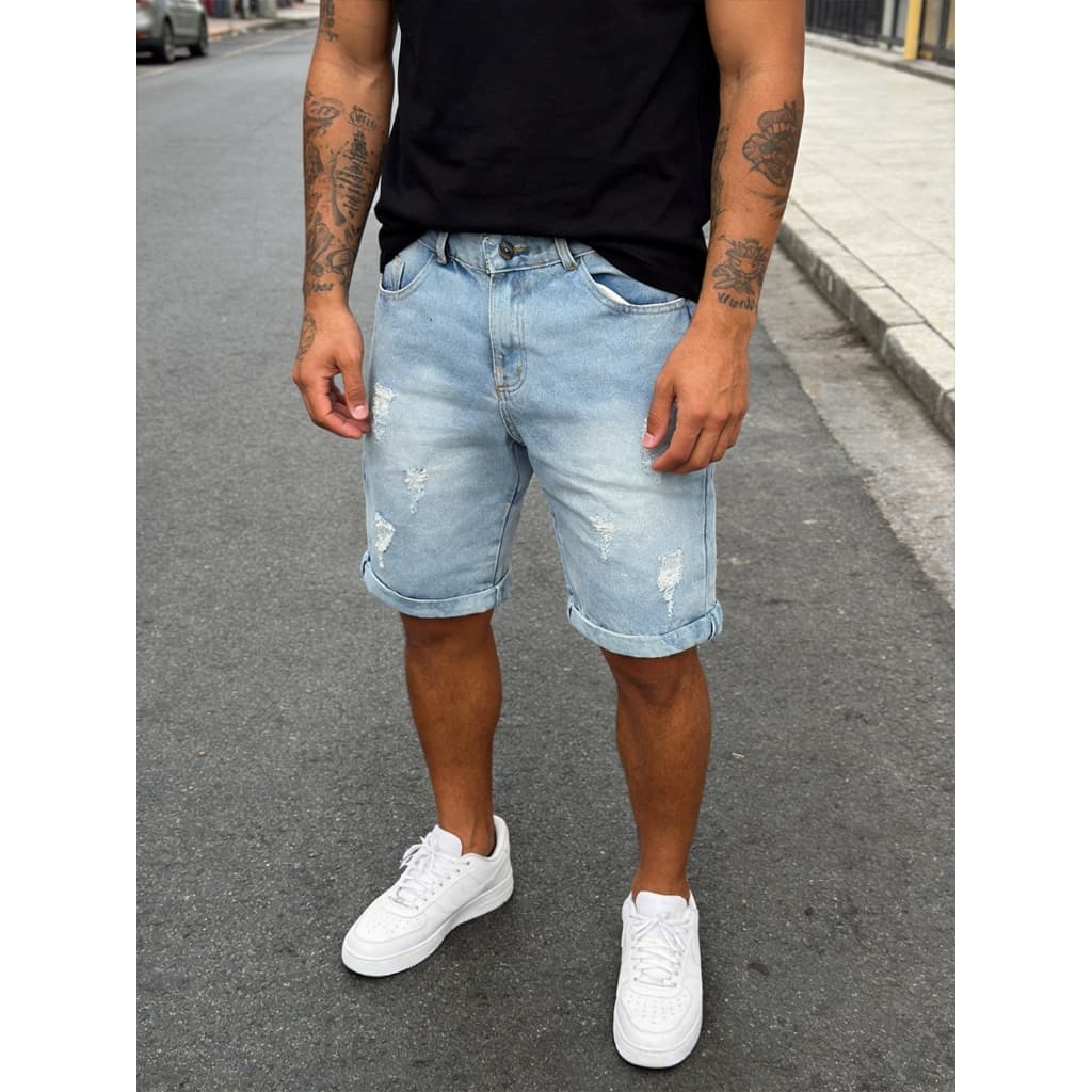 【Novo】Bermuda Jeans Masculina Azul Claro Rasgada  Estilo Casual Versátil 100% Jeans