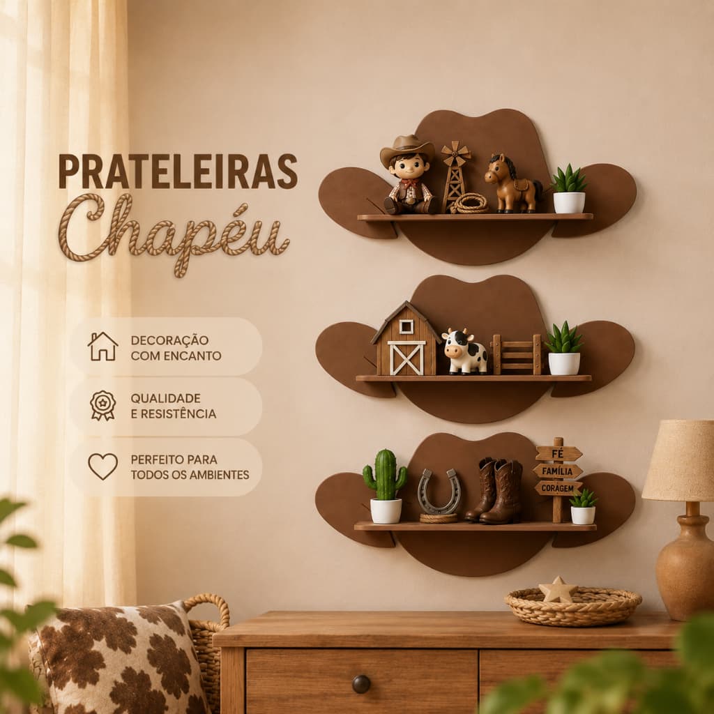 Kit Prateleira Infantil Fazendinha Cowboy Cowgirl Boiadeira Boiadeiro MDF 3 Un Quarto Bebê Decoração