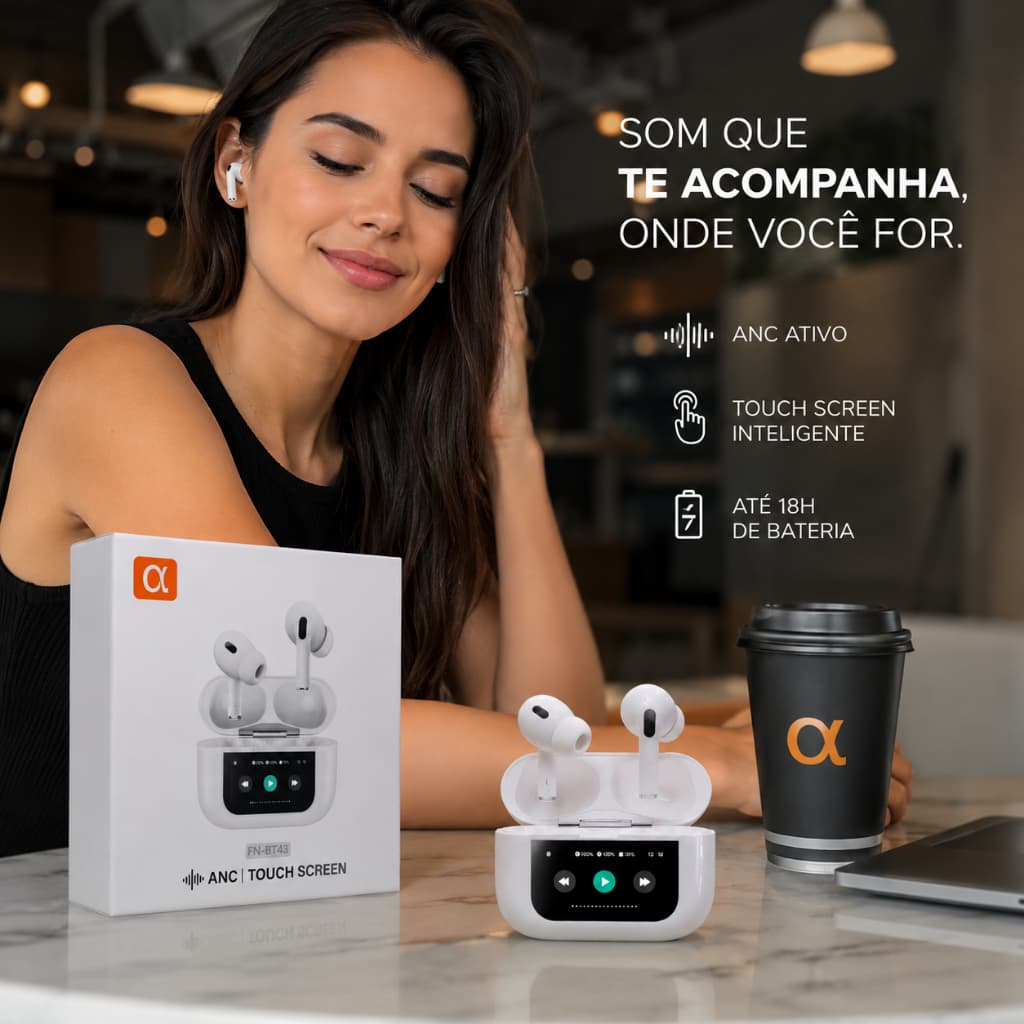 Fone de Ouvido Sem Fio Bluetooth ANC Cancelamento Ruído Touch Screen Bateria Longa 5,4 α'Gold -BT43