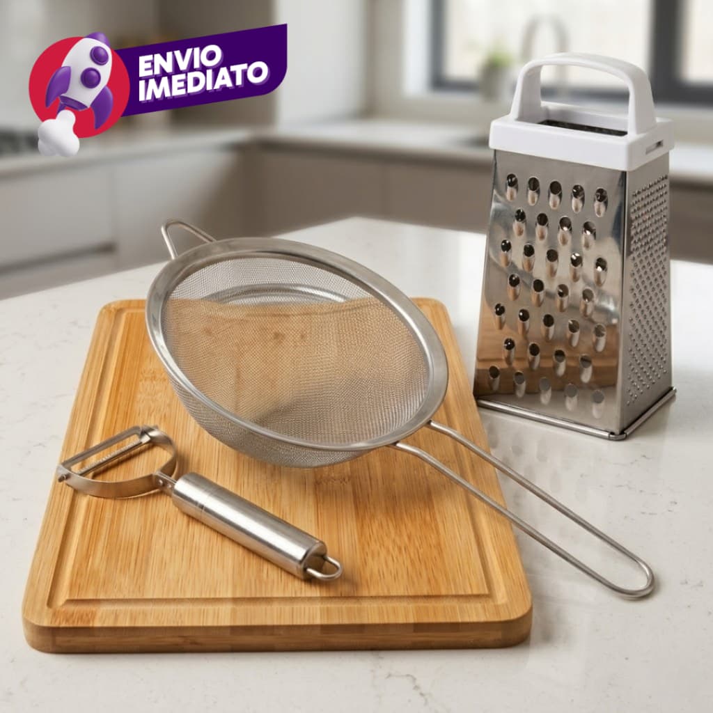 Kit 04 Pç: Tábua Corte Bambu Descascador De Legumes Ralador 4 Faces Peneira Inox 16cm