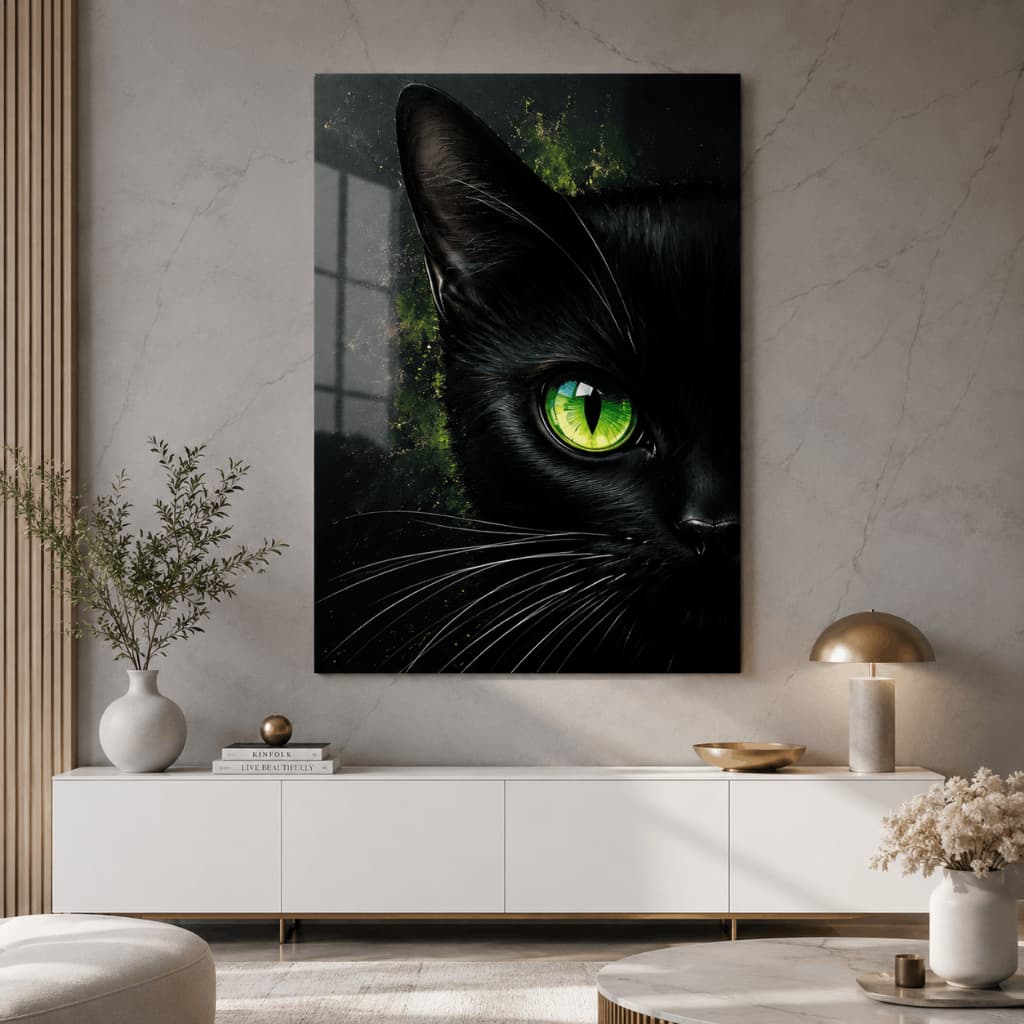 Quadro Decorativo Gato Preto Olho Verde Arte Mística Moderna Pet Sala Quarto MDF