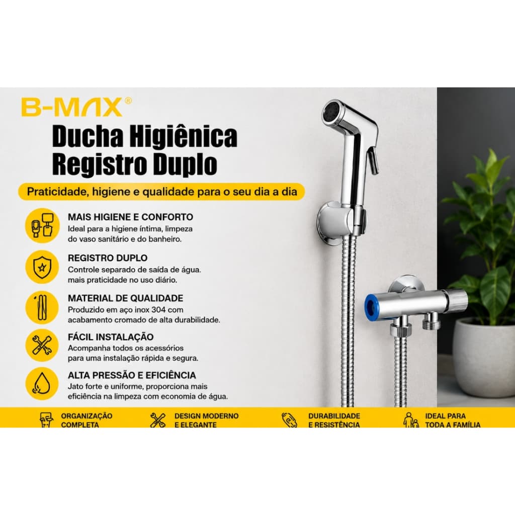 Ducha Higiênica Registro Duplo BM-F1409 em Aço Inox 304 com Mangueira Flexível