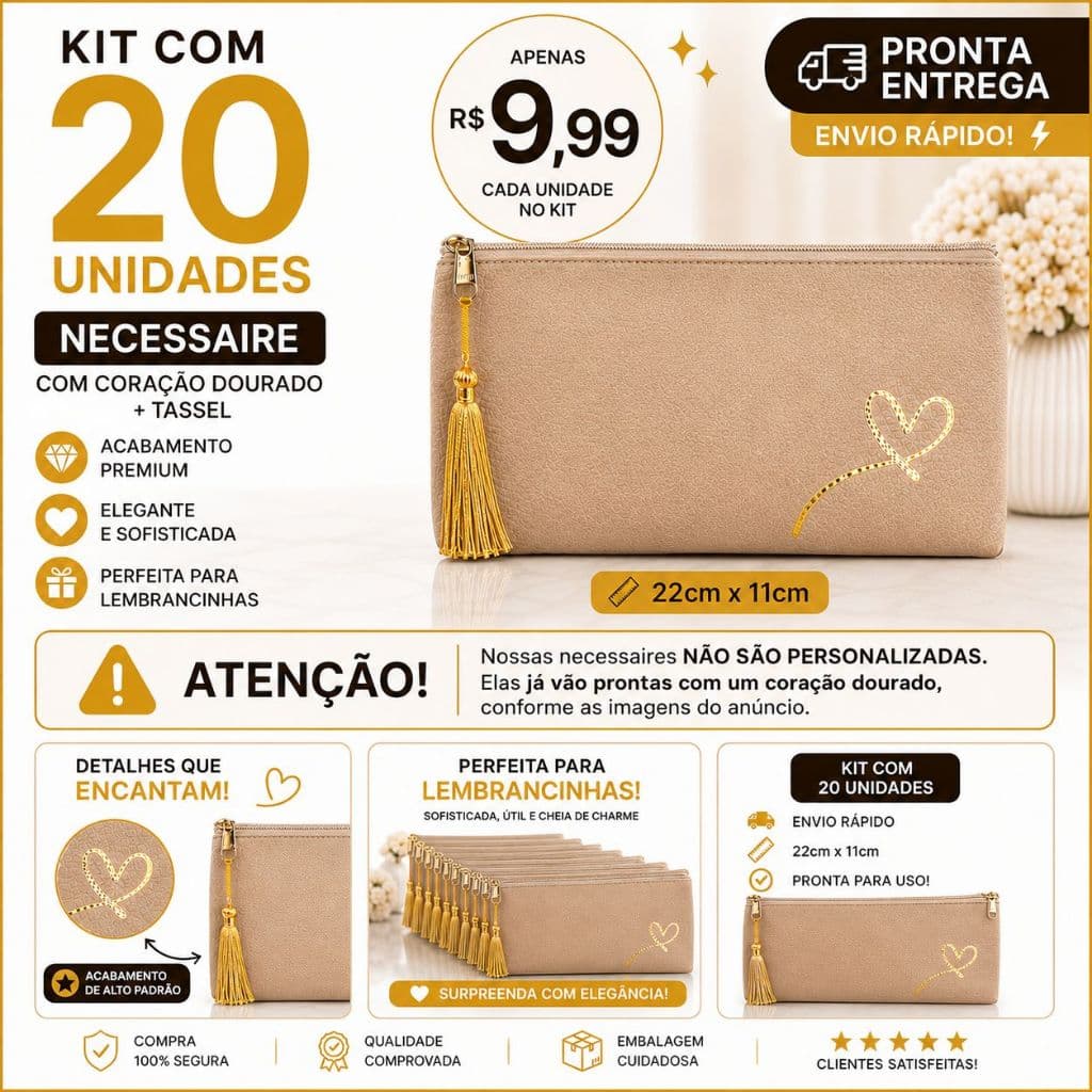 Kit 20 Necessaires com Coração Luxo com Tassel Dourado Lembrancinha Casamento Aniversário Empresa