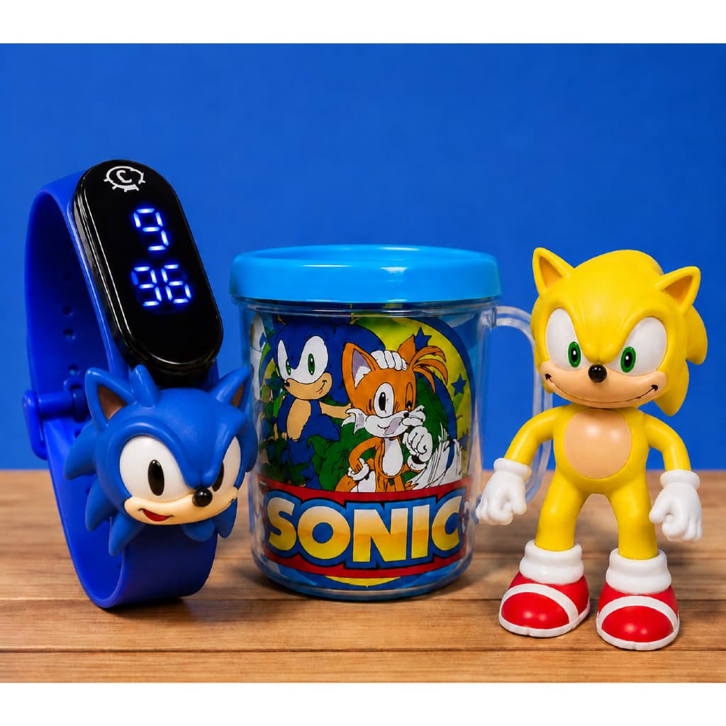 Combo 3 Sonic amarelo Infantil Boneco + Copo + Relógio LED