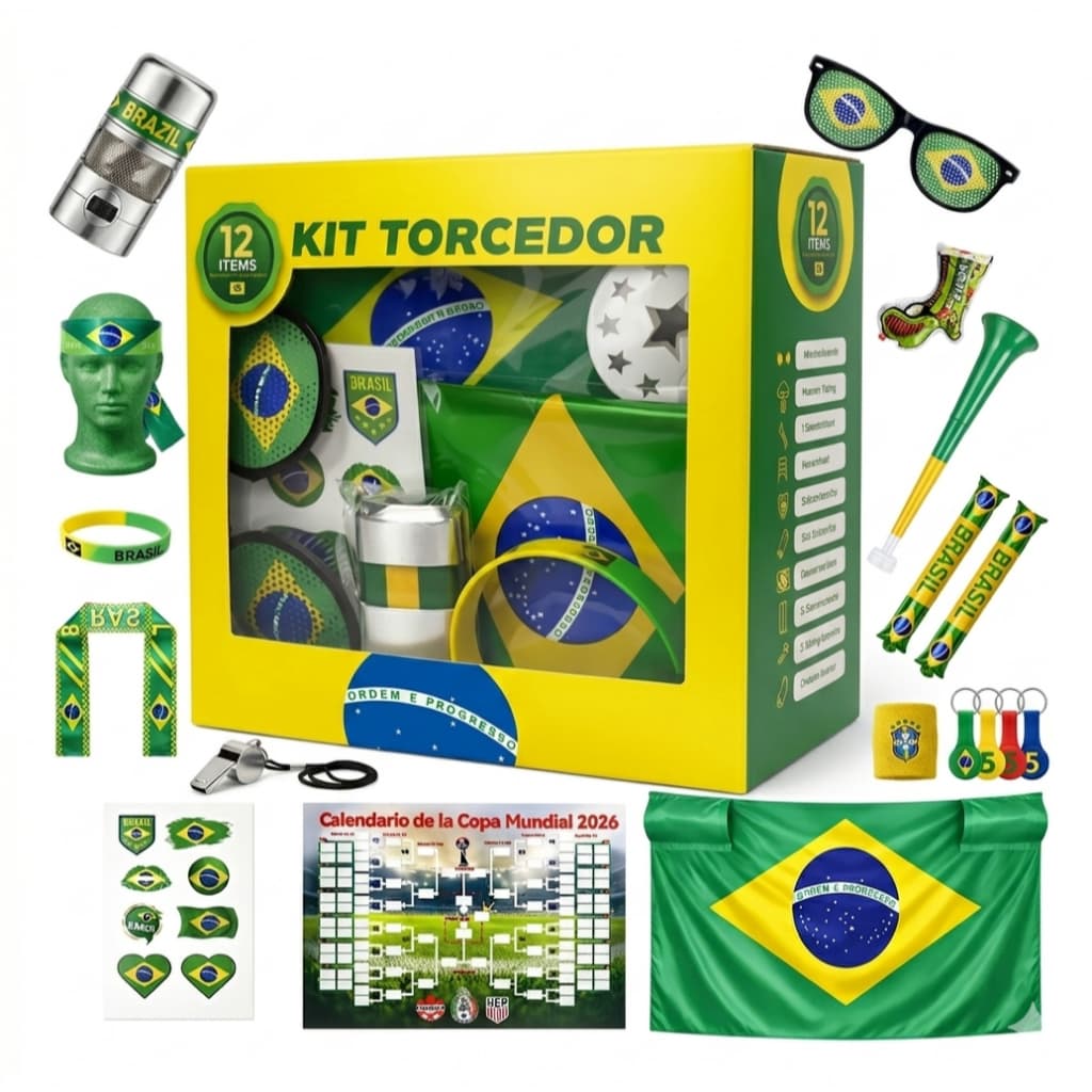 Kit Torcedor Brasil Copa Do Mundo 2026 com 12 Itens | Bandana, Óculos, Pulseira, Corneta, Bandeira, Tattoo e Muito mais