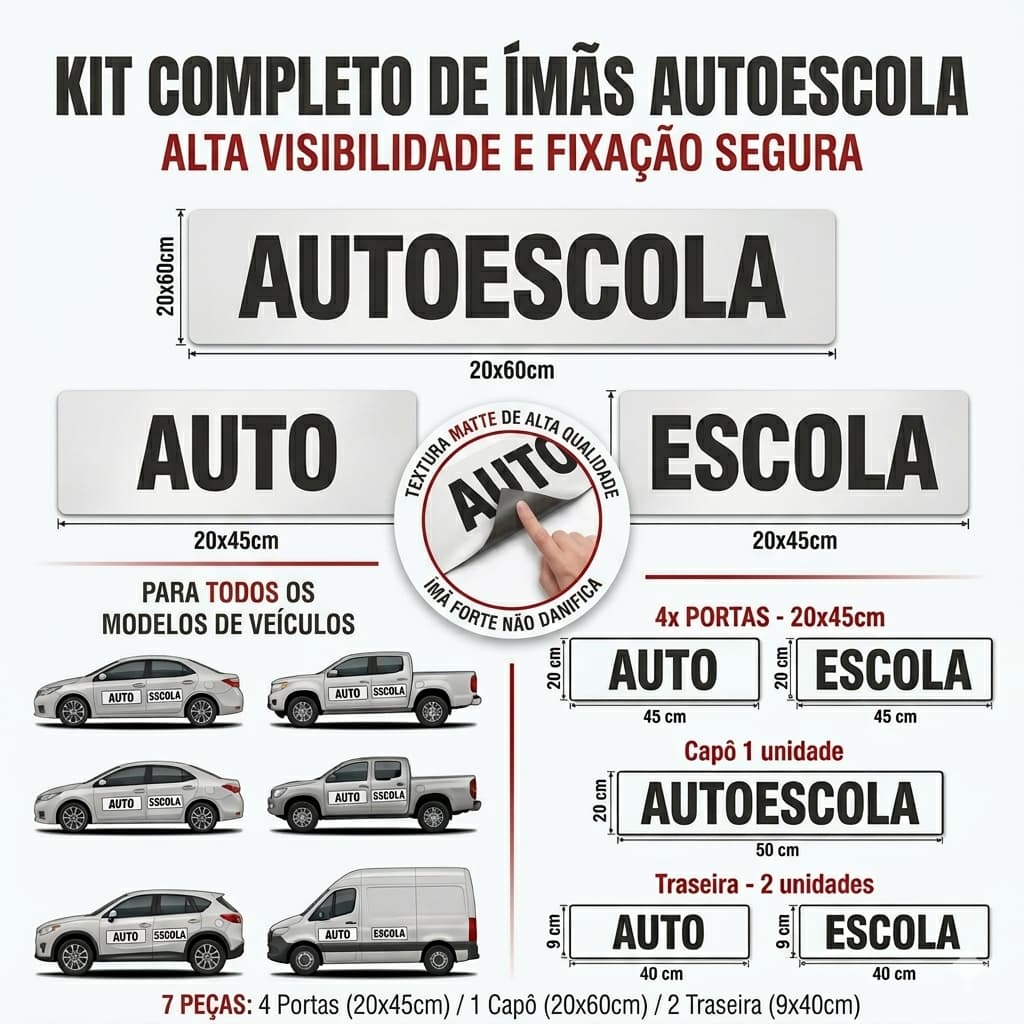 Kit Adesivo Imantado Auto Escola 07 Peças Imã P/ Carro Porta Capô Traseira Alta Fixação Premium