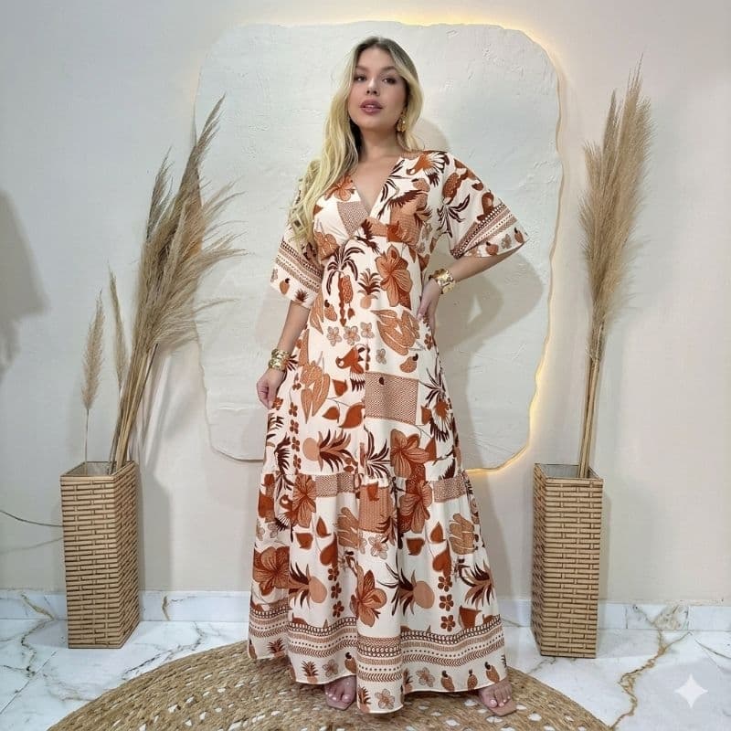 vestido feminino Midi longo estampado com elastex nas costas