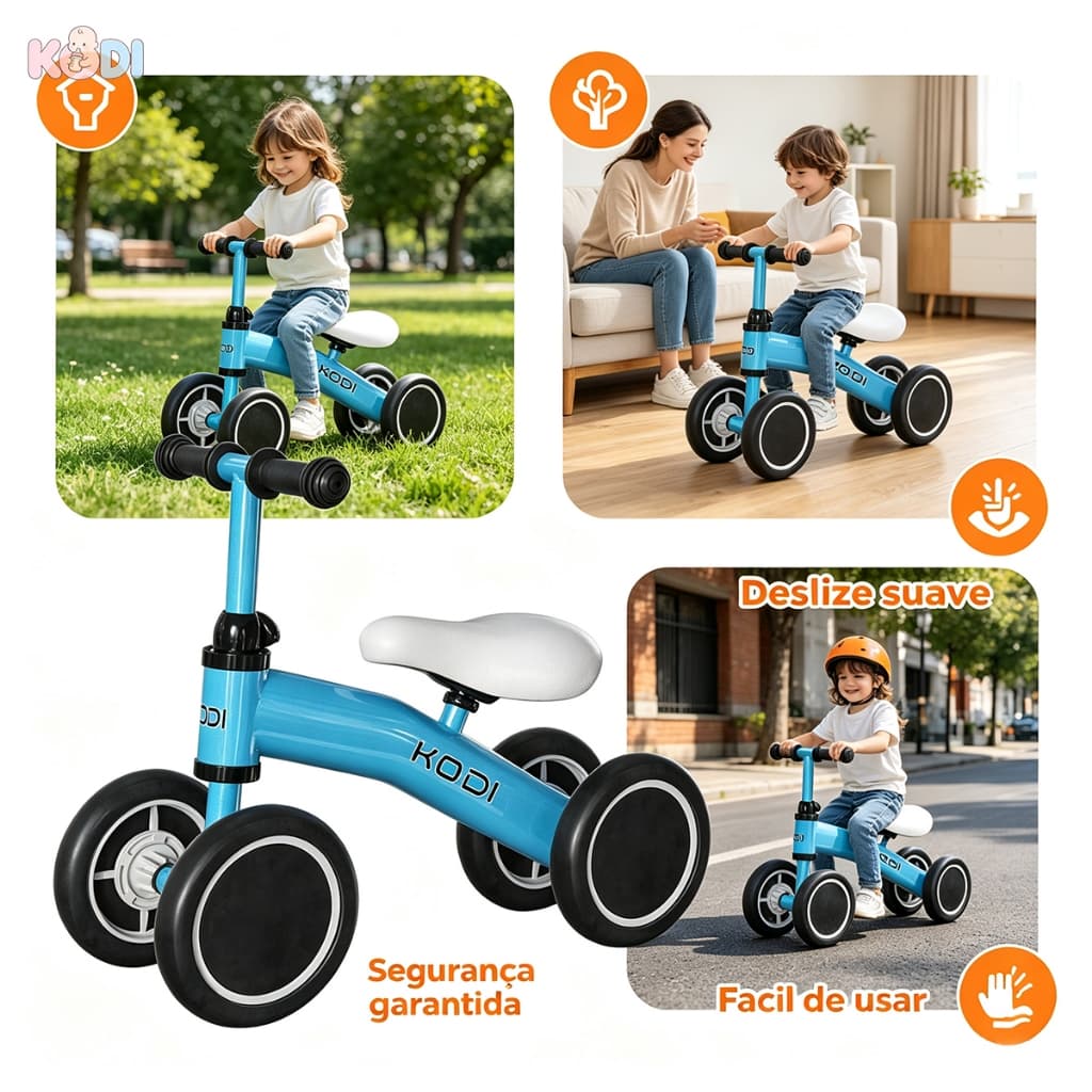 Bicicleta De Equilíbrio Andador Infantil Sem Pedal 4 Rodas KODI | Treino de Coordenação | Segura e Estável -P14