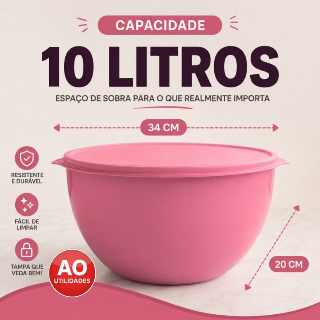 Bacia Plástica Tapoer 10 Litros com Tampa Tigela Grande Para Churrasco, Saladas e Misturas Resistente