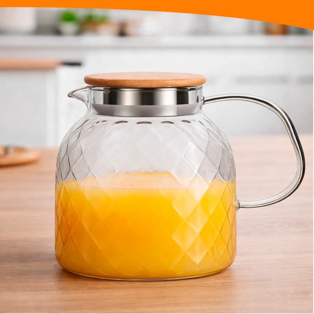 Jarra de Vidro Borossilicato 1L Com Tampa de Bambu Vedação Inox Garrafa Água Suco Luxo