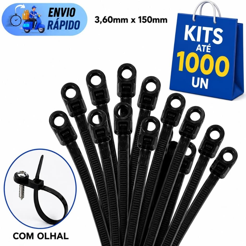 Combo Abraçadeira Com Olhal 3,6x150mm Nylon preto Hellermann Enforca Gato Cinta Plástica Multiuso Kit lacre Prático