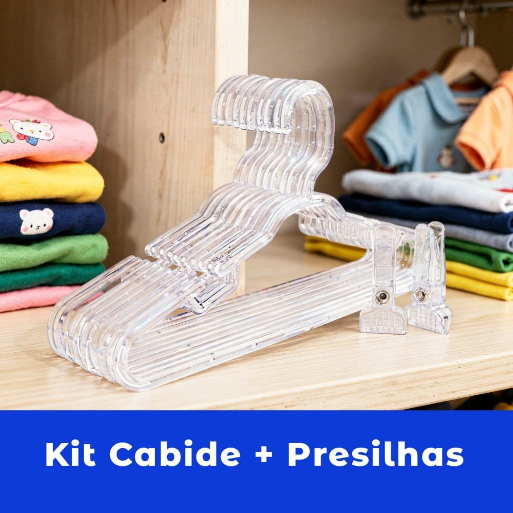 25 Cabides Infantis Reforçado 8mm Acrílico Transparente + 10 Presilhas Acrílico Cristal Transparente