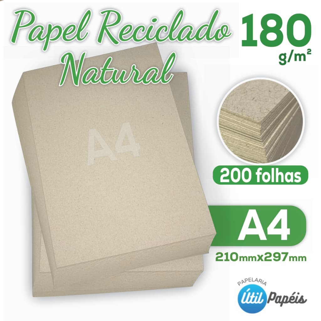 Papel Reciclado 180g Pacote com 200 Folhas - A4 210x297mm Sulfite Premium / Jato de tinta e Laser