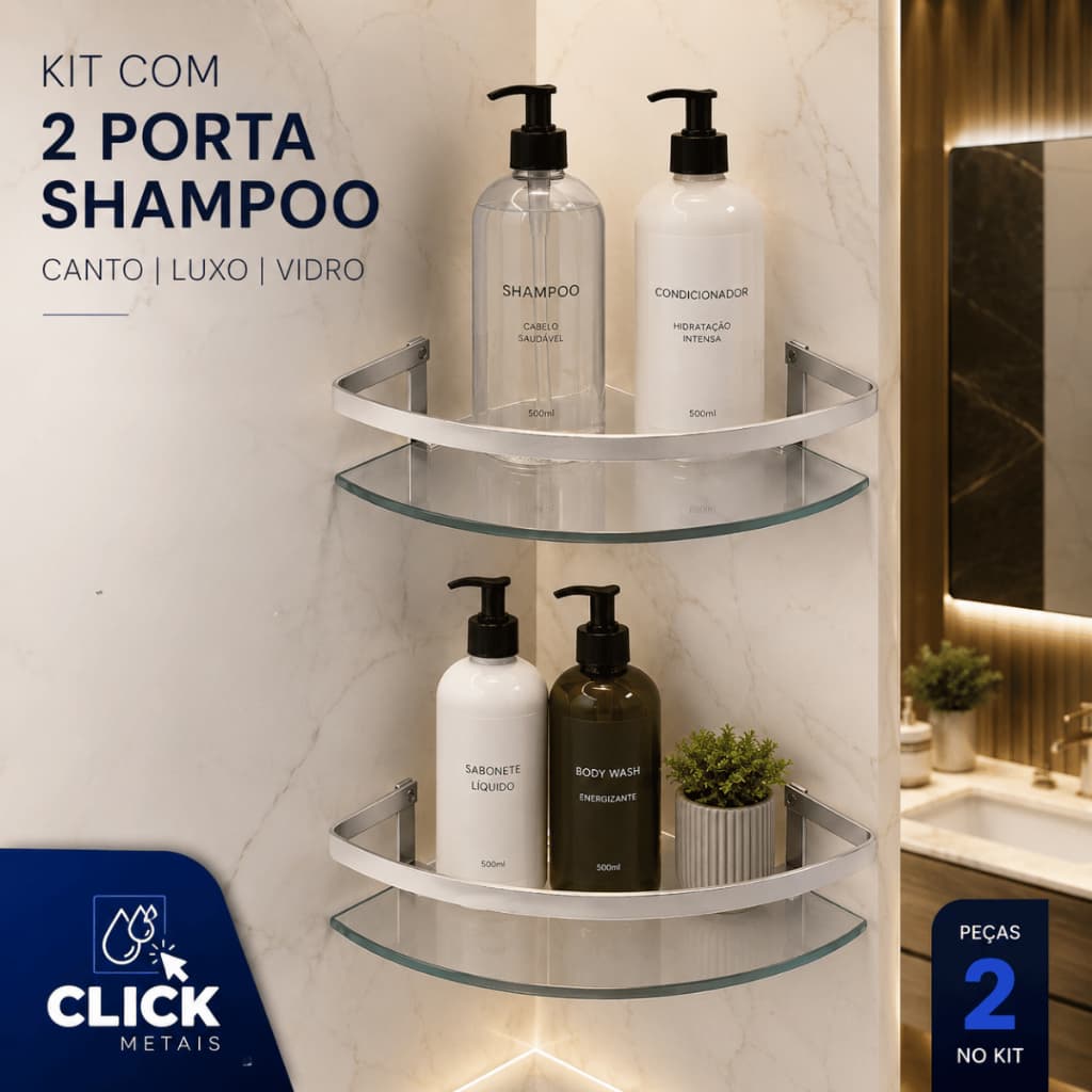 Kit 2 Porta Shampoo de Canto Cromado Vidro 6mm Prateleira Banheiro Haste Antiferrugem Premium
