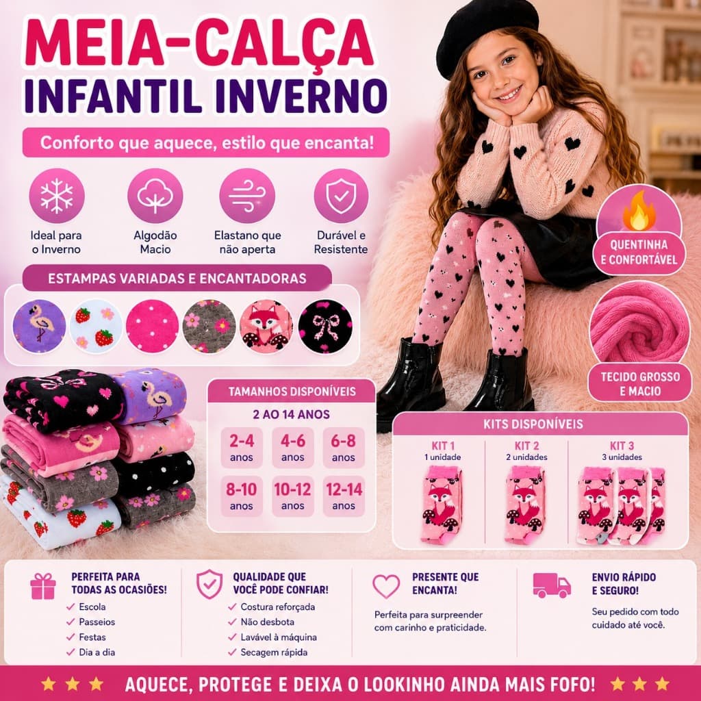 Meia Calça Infantil Inverno Estampada 1/2/3 Unidades Quentinha Tam 2 ao 12 - Estilo e Conforto!!